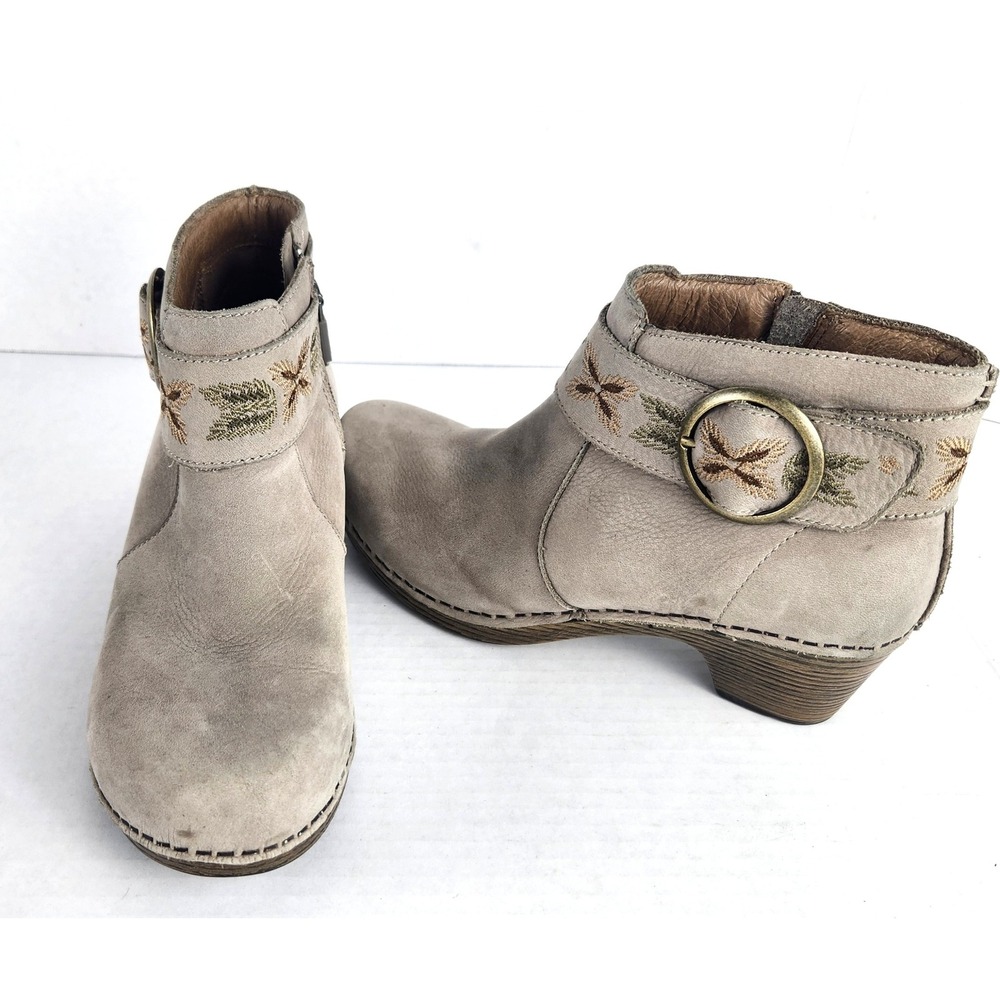 Dansko Embroidered Nubuck Leather Ankle Boots Tan Brown Block Heel Size 36 W 6